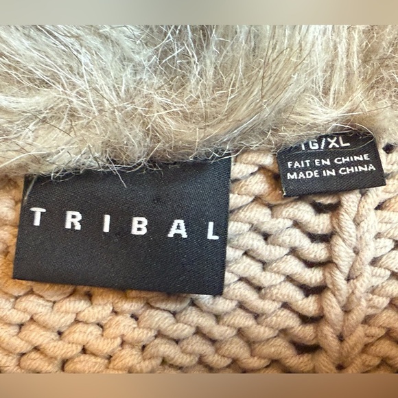 Tribal Faux Fur Trim Chunky Knit Cotton Blend Sweater Vest Jacket Womens XL - Picture 9 of 14